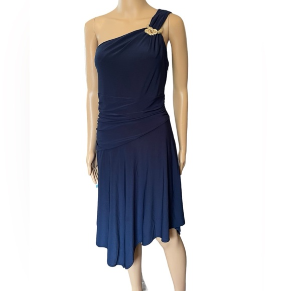 Cache Y2K Navy Blue Gold Serpent Snake One Shoulder Asymmetrical Midi Dress - Picture 1 of 6
